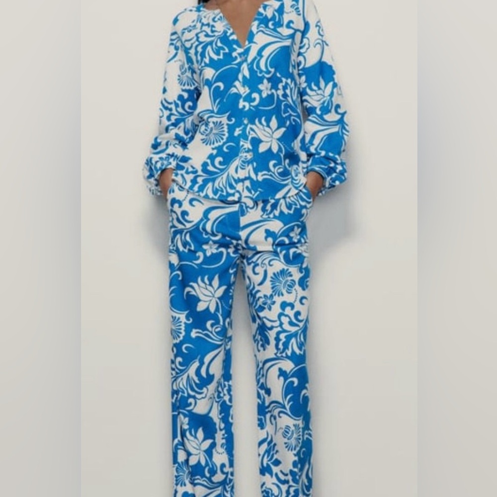 NWT ZARA PRINTED LINEN BLEND SHIRT & PANTS SET XS, S
